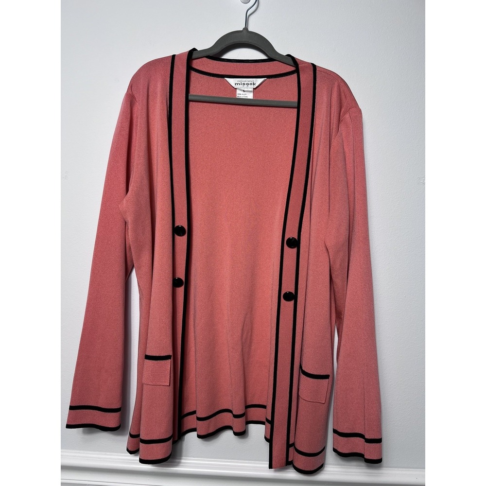 VTG Misook (L) Coral/Black Trim Open Front Knit Cardigan/Jacket Ladylike Classic